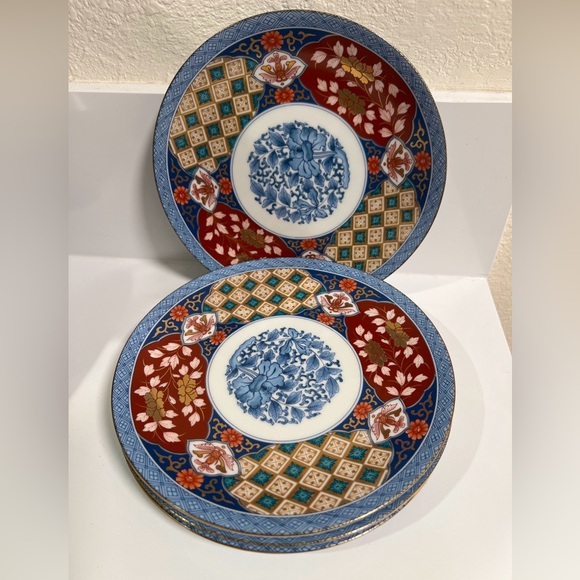4 Smithsonian Institution Imari Blue Japanese Salad Plates Set Japan Floral Lot - Picture 6 of 6